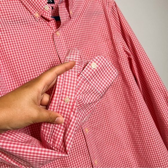 Chaps Men’s Pink Gingham Easy Care Button Up Dress Shirt Medium - Picture 3 of 7